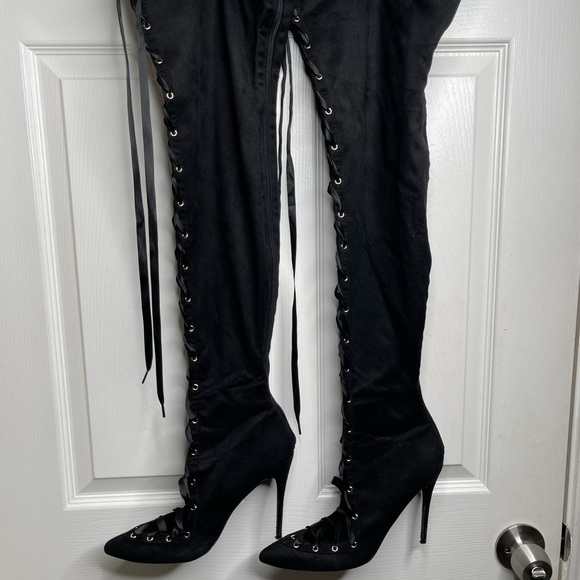 Lace Up Black Thigh High Stiletto Boots - Picture 13 of 14